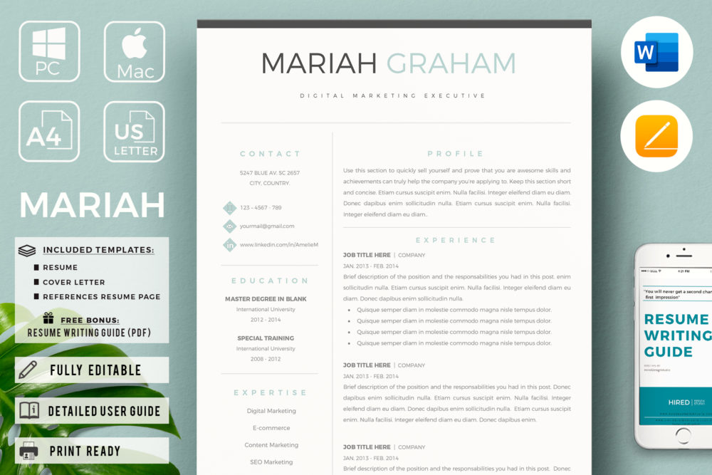 Professional CV Template. US Letter & A4 Resumes and Cover - Graphicfy