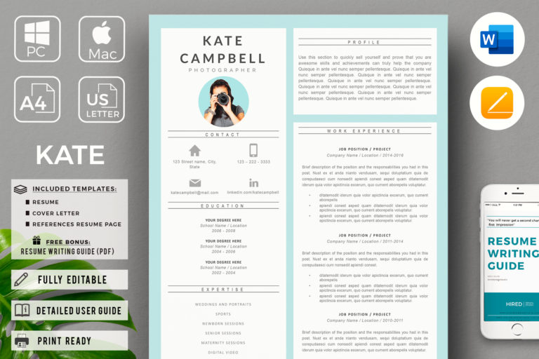 Modern Creative Photographer Resume With Free Cover Letter Graphicfy   R27 Kate Campbell 1 768x512 