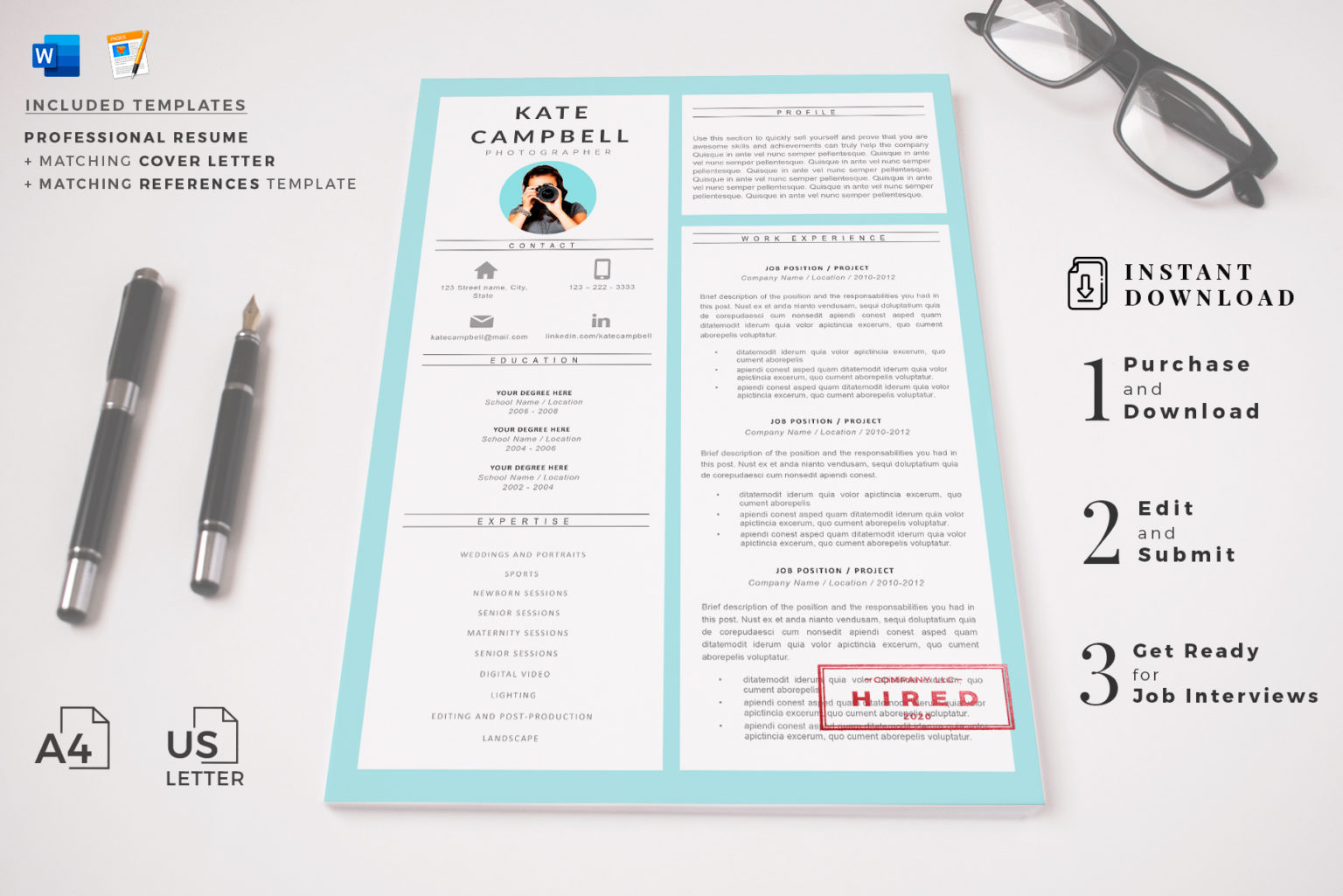 Modern Creative Photographer Resume With Free Cover Letter Graphicfy   R27 Kate Campbell 9 1536x1025 