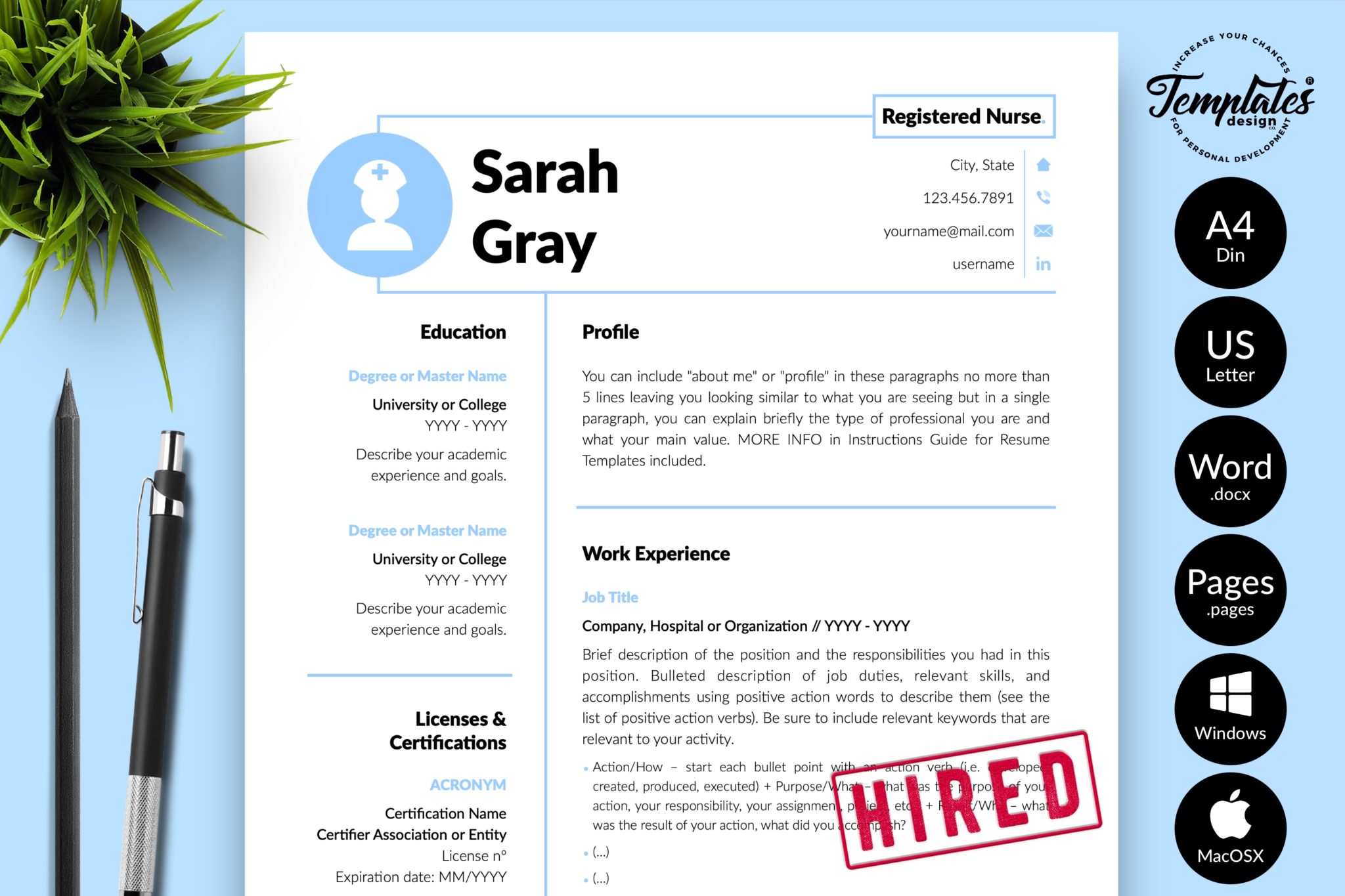 Nurse Resume Template for Microsoft Word & Apple Pages - Graphicfy