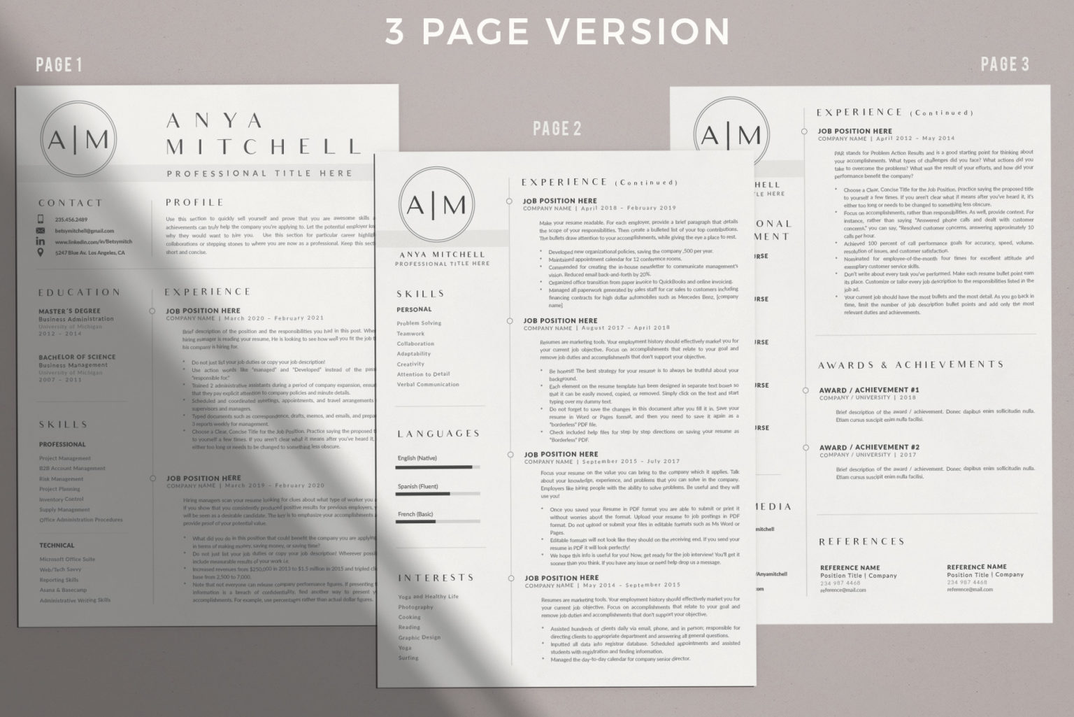 1, 2 and 3 Page Resume CV Design and Cover Letter Format for Word and ...