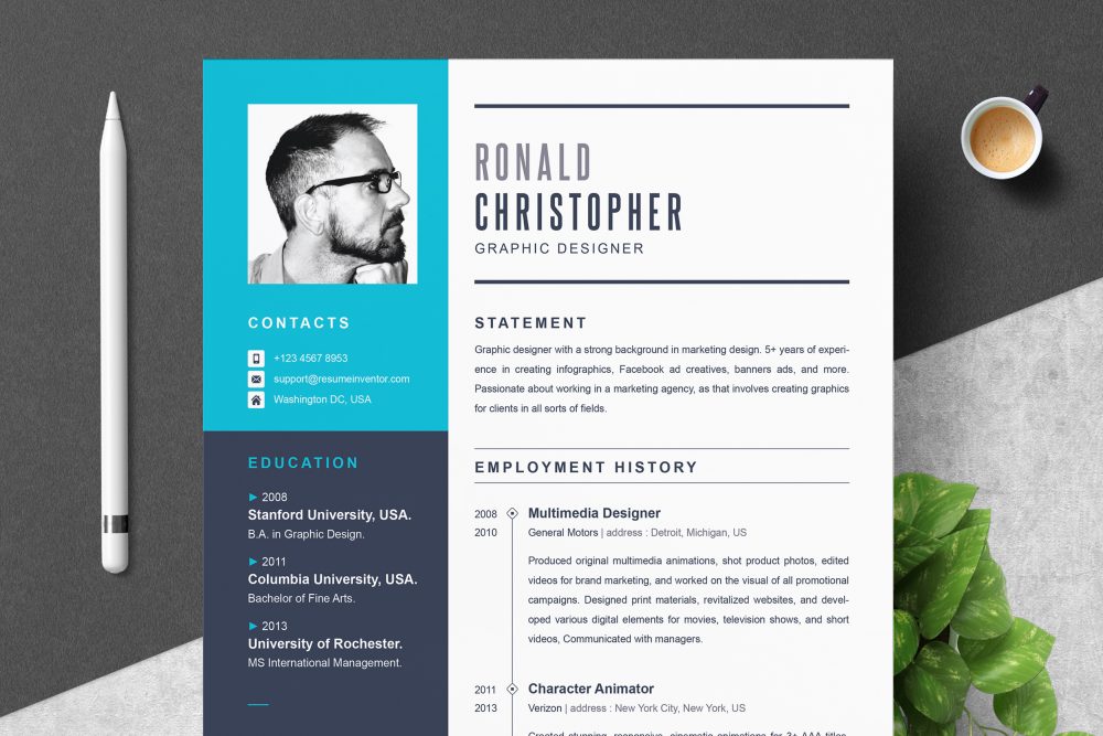 Professional, Modern Resume Design Template for Word & Pages - Graphicfy